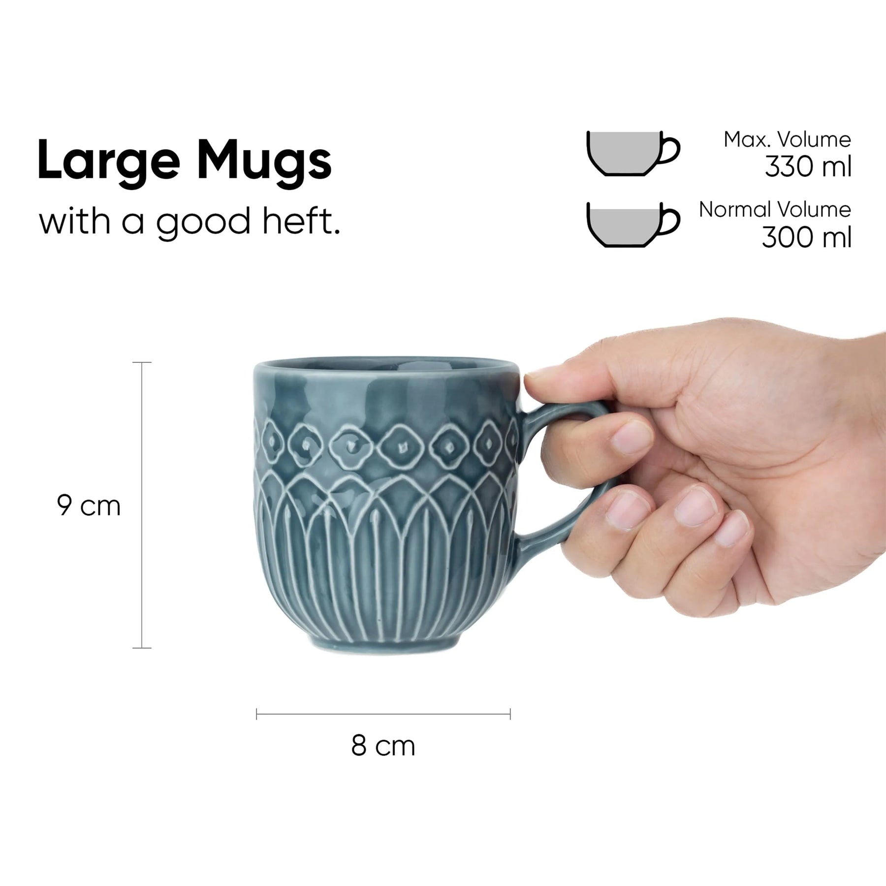 Blue mug with decorative patterns held by a hand, showing measurements and volume details.