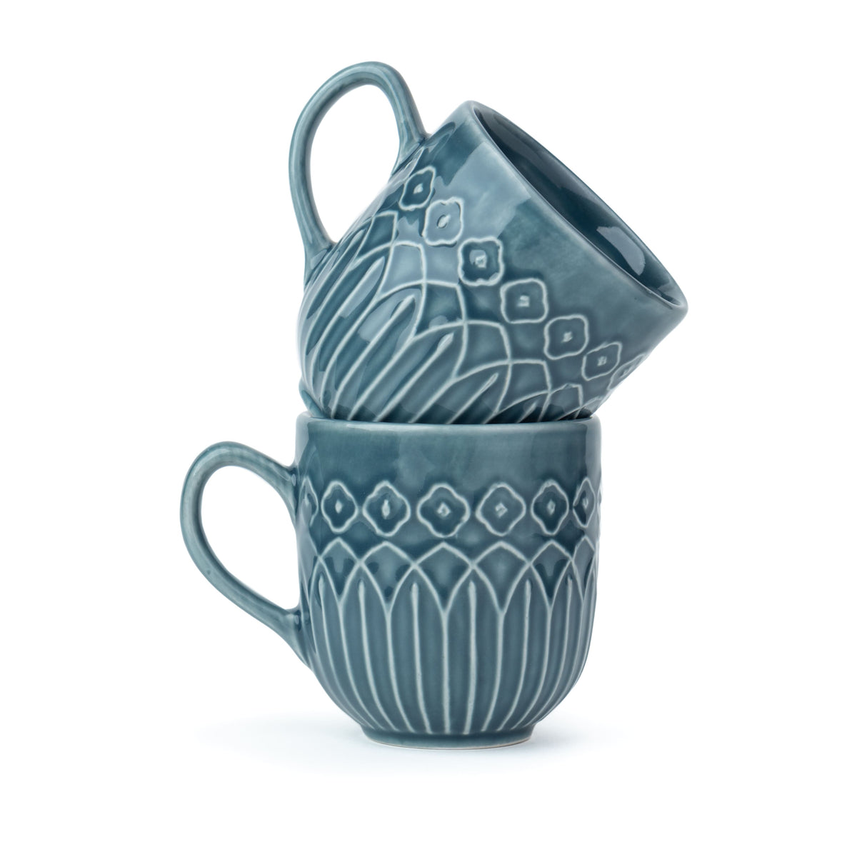 Ceramic Coffee Mug Set, Set of 2, 330ml, Blue Grey Carving | Carving Collection | Glossy Finish