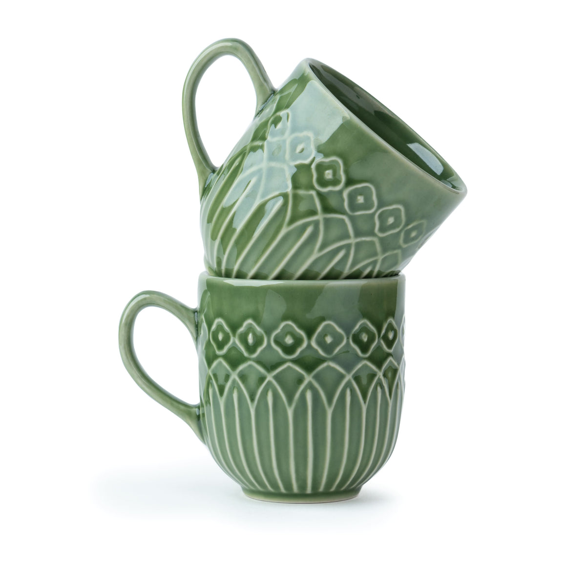 Ceramic Coffee Mug Set, Set of 2, 330ml, Green Carving | Carving Collection | Glossy Finish |