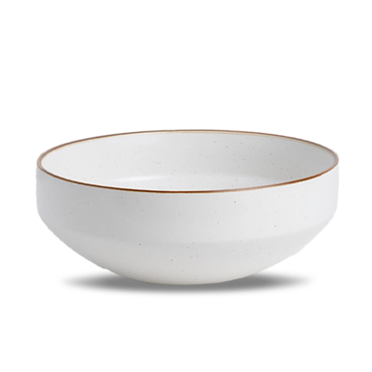 White ceramic bowl with a gold rim on a white background