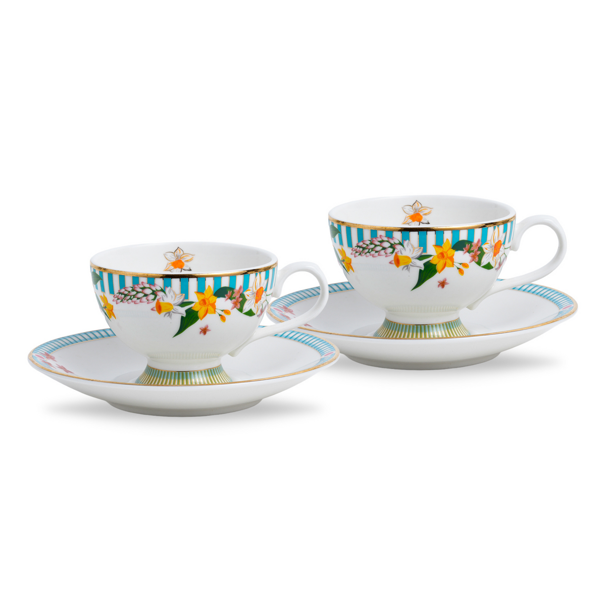 Nargis Tea Cup & Saucer Set, Set of 2, 180ml | Floral Ceramic Tea Cups with Plates
