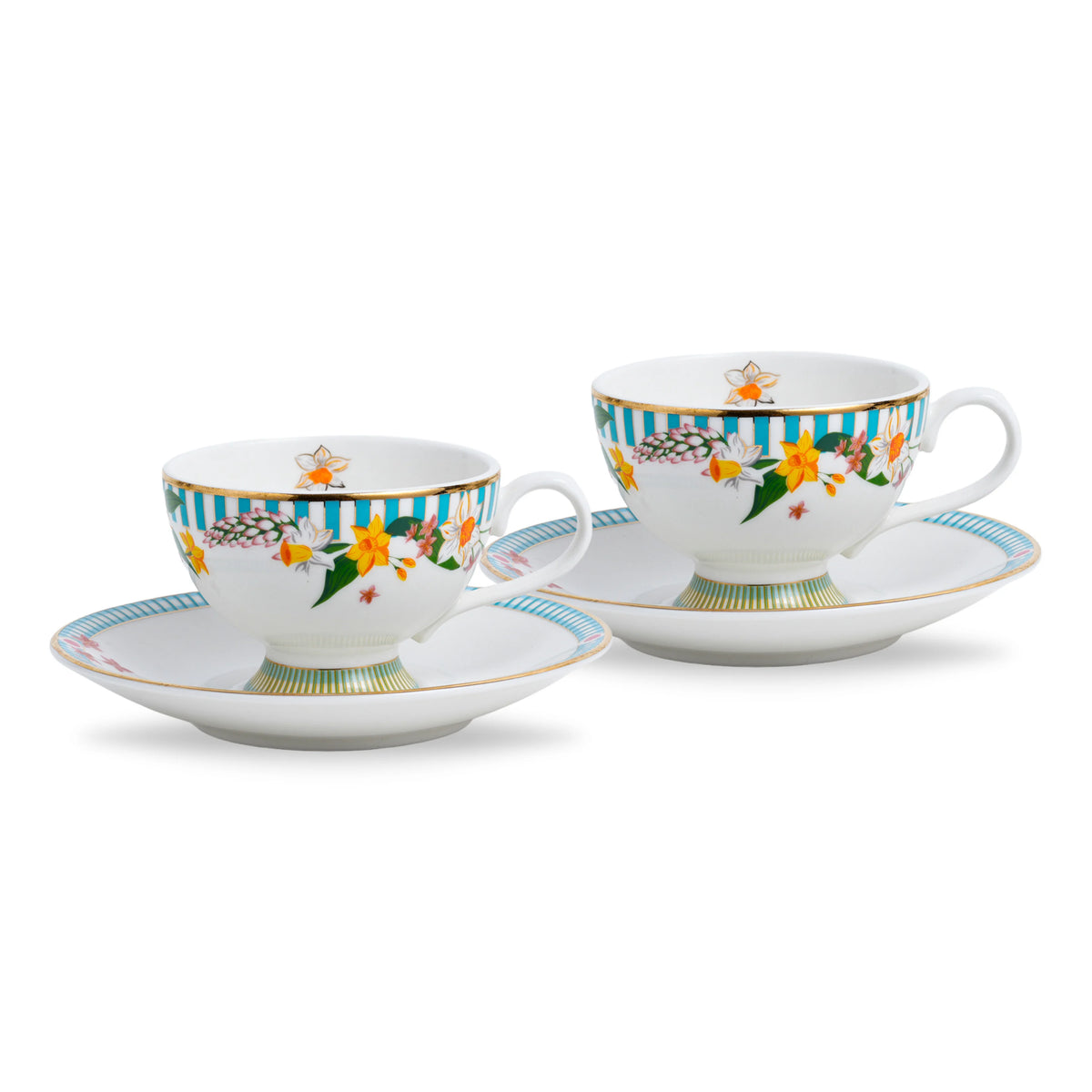 Two floral teacups and saucers on a white background