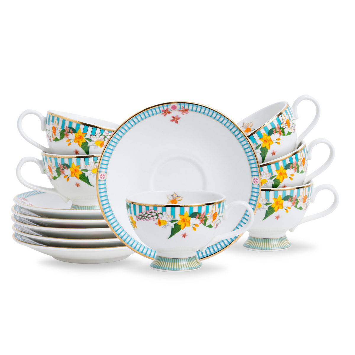 Nargis Tea Cup & Saucer Set, 6 Pcs, 180ml | Ceramic Tea Cups with Plates | Floral Print