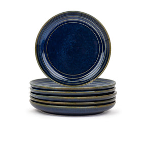 Set of four blue ceramic plates with a dark rim on a white background