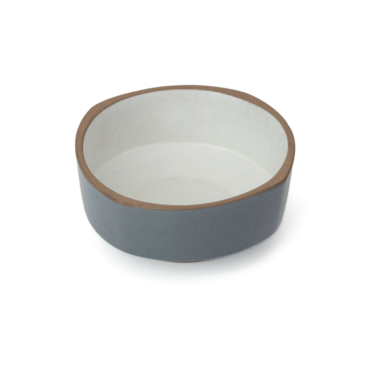 Ceramic bowl with brown rim and gray base on a white background