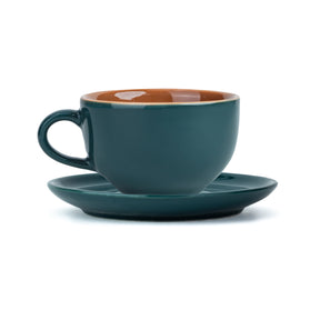 Large Ceramic Coffee Cup Saucer Set, Teal Green, 320ml | XL Cuppa Collection | Glossy Finish |