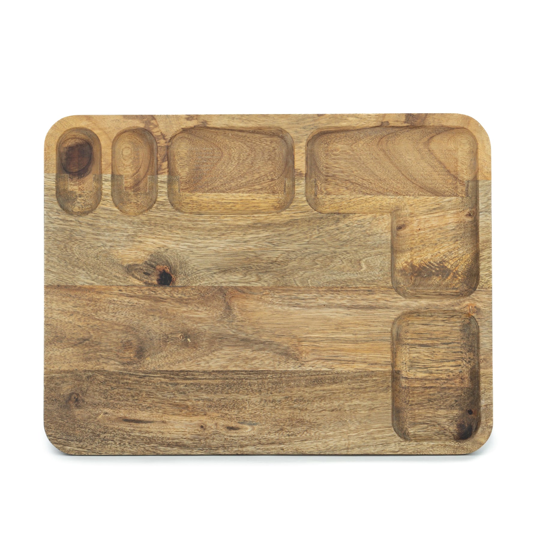Wooden cutting board with multiple slots on a white background