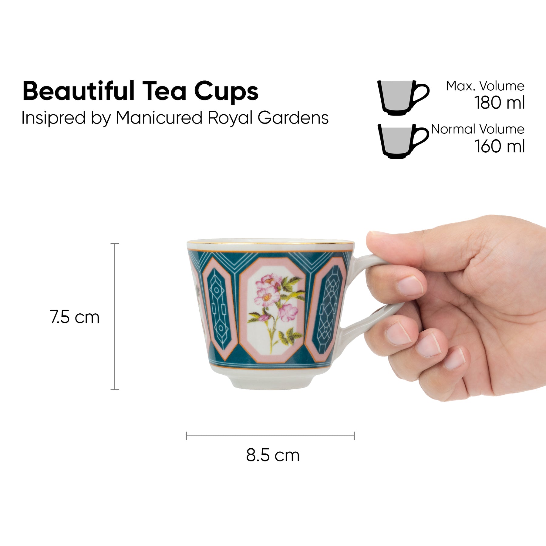 Parterre Ceramic Tea Cups with Gold Rim – 180 ML | Set of 6