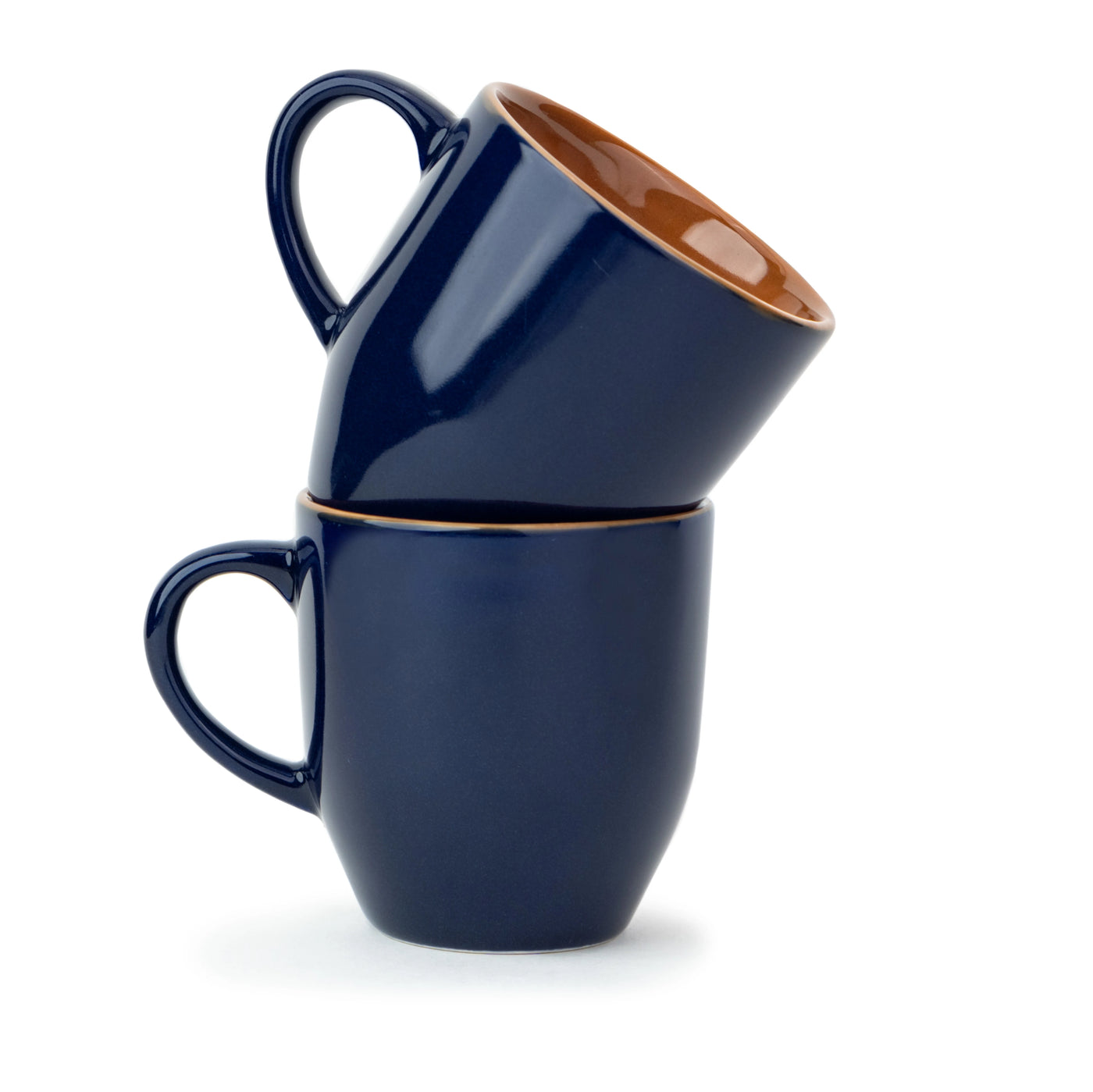 Two navy blue mugs stacked on a white background