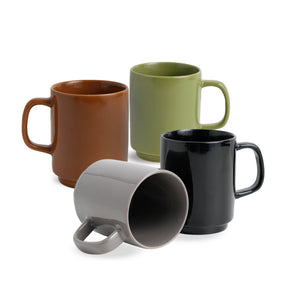 Four mugs in brown, green, black, and gray on a white background