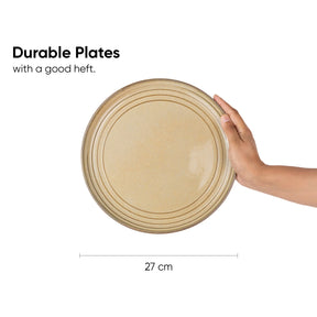 Beige plate held by a hand with text about durable plates and dimensions.