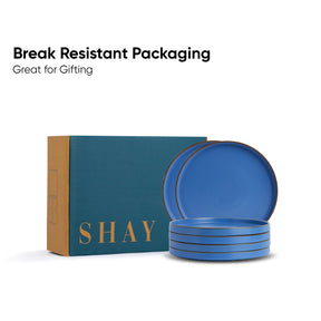 Blue plates with 'SHAY' branding and break-resistant packaging on a white background