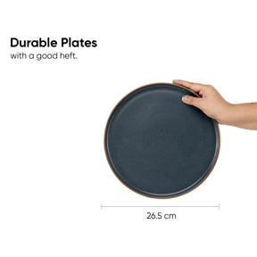 Hand holding a dark blue plate with text about durable plates and dimensions.