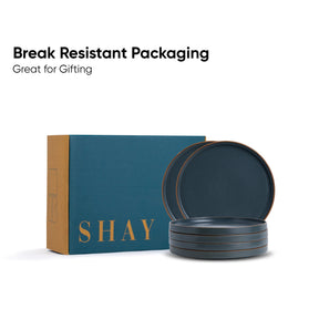 Blue packaging box with 'SHAY' branding and stack of dark blue plates on a white background.