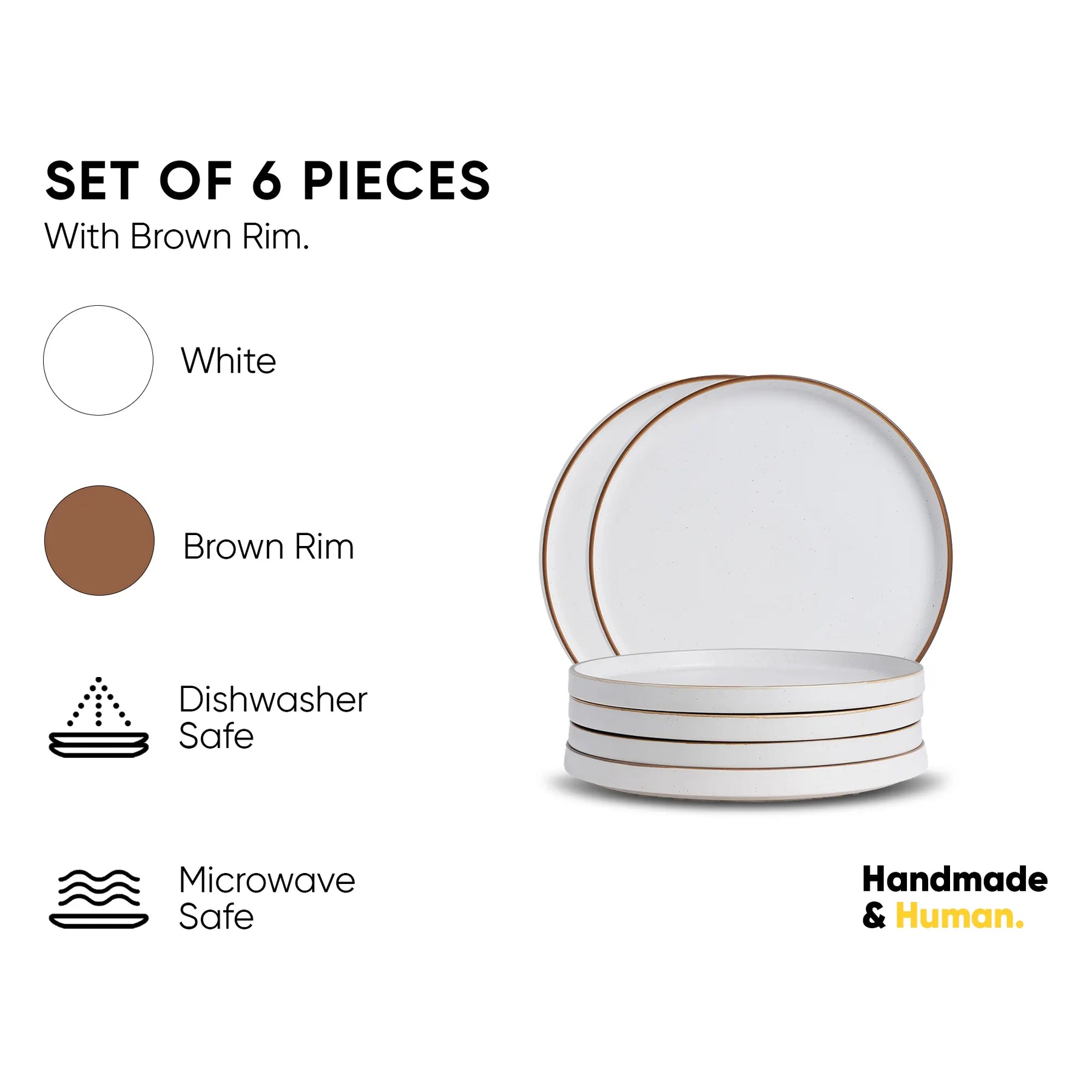 Set of 6 white plates with brown rim on a white background, featuring icons for dishwasher and microwave safety.