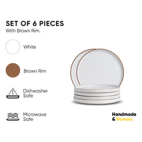 Set of 6 white plates with brown rim on a white background, featuring icons for dishwasher and microwave safety.