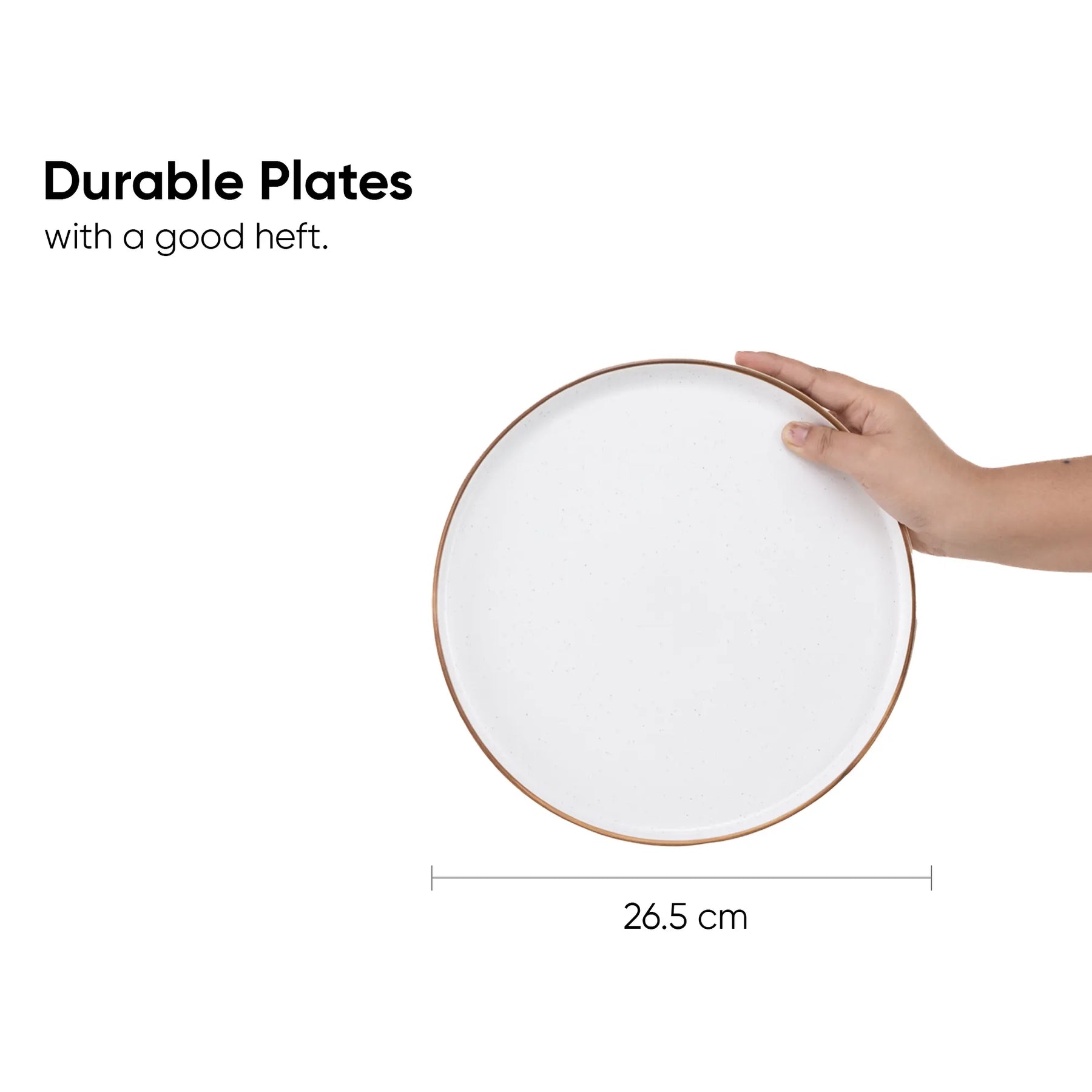 White plate held by a hand with text about durable plates and dimensions.