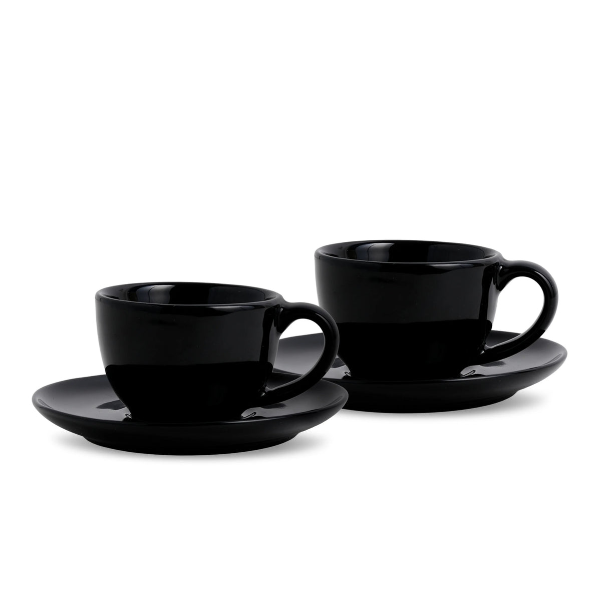 Two black ceramic coffee cups with saucers on a white background