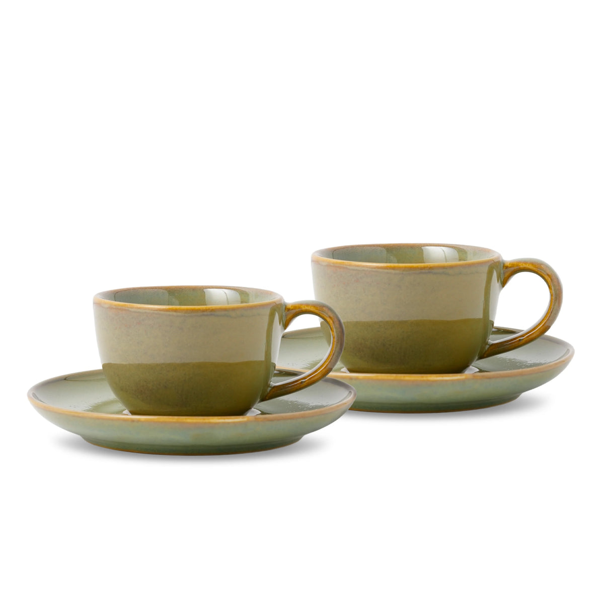 Two green ceramic cups with saucers on a white background