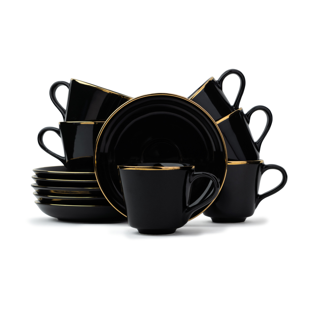 Ceramic Tea Cup Saucer Set | Black Goldline Collection | 180ml | Set of 6 | Glossy Finish