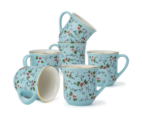 Ceramic Tea Cups Set of 6, Blue Floral,180ml | Floral Collection | Glossy Finish