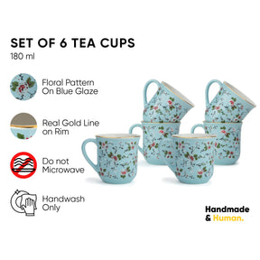 Ceramic Tea Cups Set of 6, Blue Floral,180ml | Floral Collection | Glossy Finish