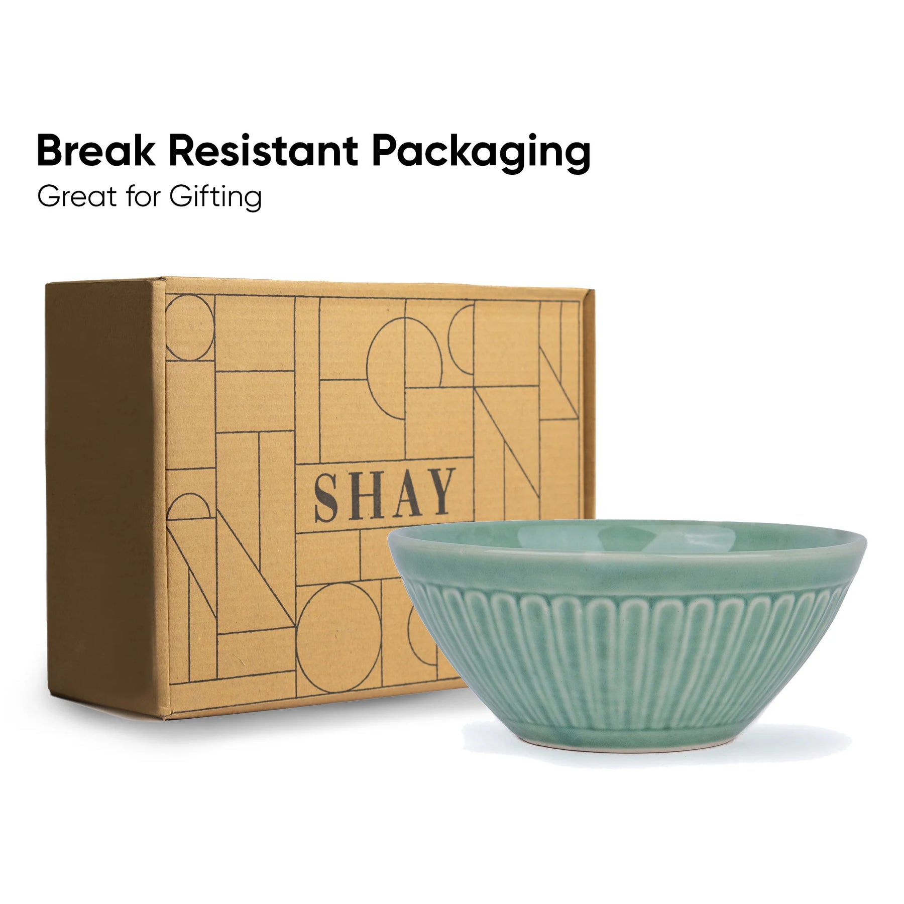 Green ceramic bowl with 'SHAY' branded box on a white background, text 'Break Resistant Packaging Great for Gifting'.