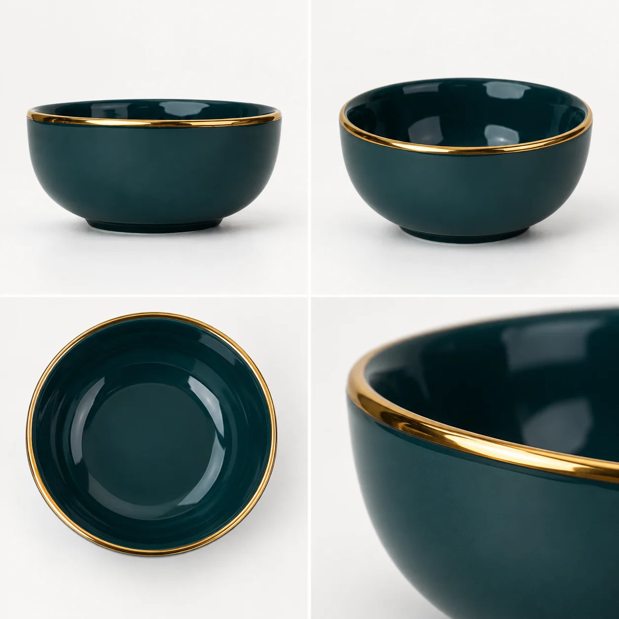 Ceramic Veg Bowls Set of 6 for Dinner | 180ml | Teal with Gold Rim | Gold Line Collection