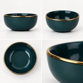 Ceramic Veg Bowls Set of 6 for Dinner | 180ml | Teal with Gold Rim | Gold Line Collection