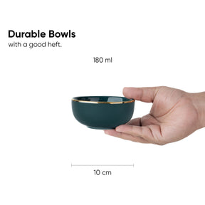 Ceramic Veg Bowls Set of 6 for Dinner | 180ml | Teal with Gold Rim | Gold Line Collection