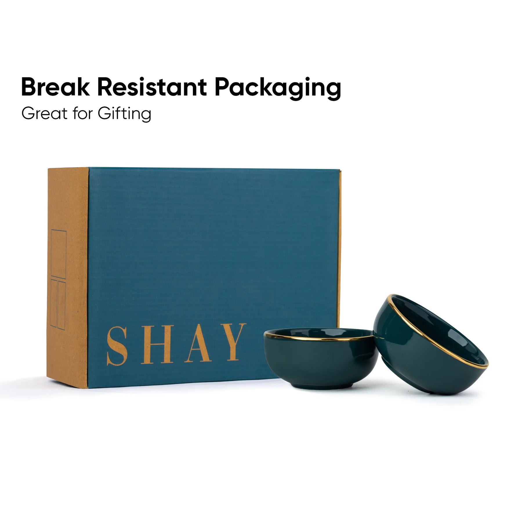 Ceramic Veg Bowls Set of 6 for Dinner | 180ml | Teal with Gold Rim | Gold Line Collection