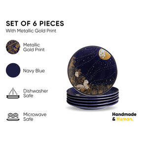 Set of 6 navy blue plates with metallic gold print, displayed with product features on a white background.