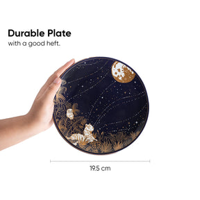 Hand holding a decorative plate with celestial design, text indicating durability and size.