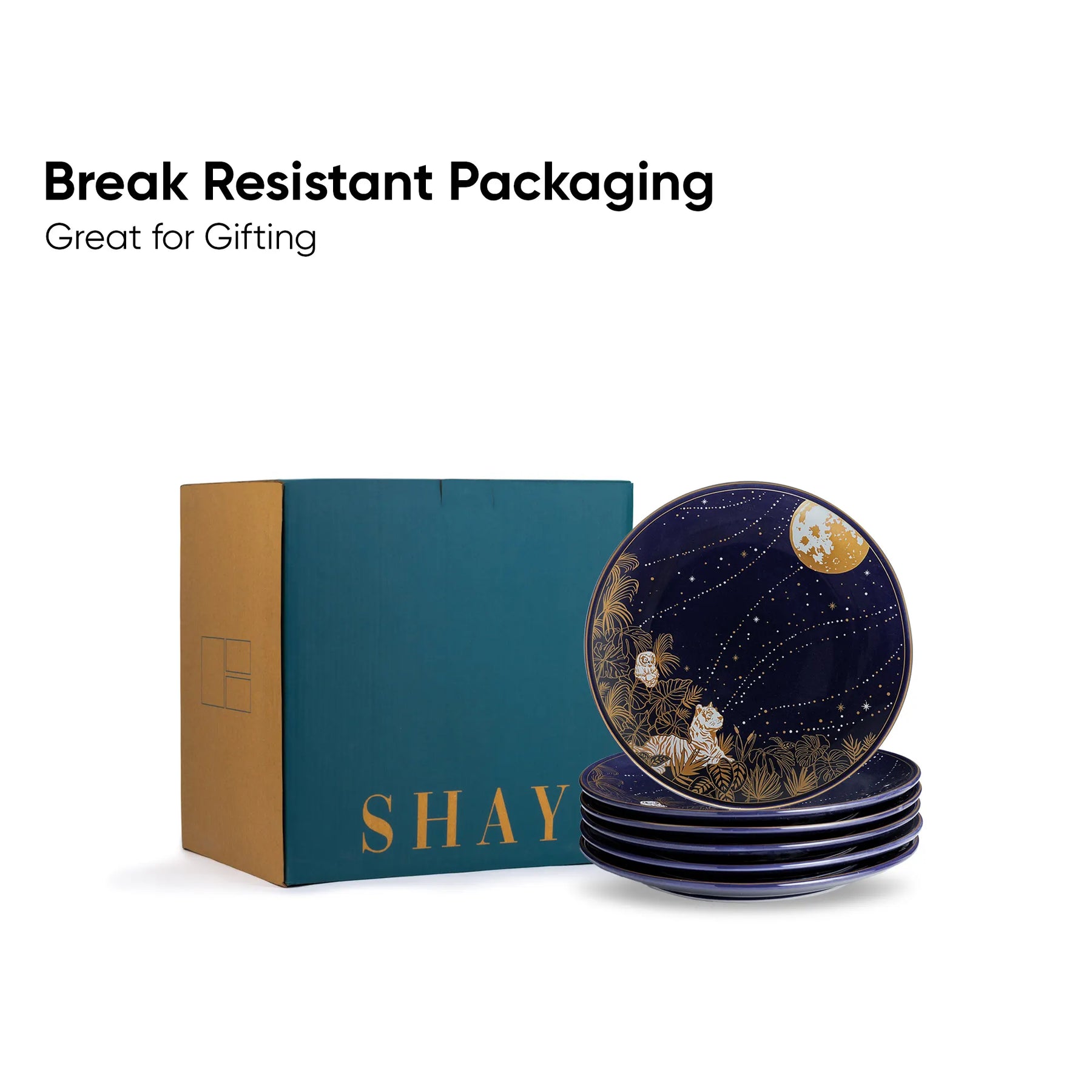 Set of decorative plates with 'SHAY' branding and text about break-resistant packaging.