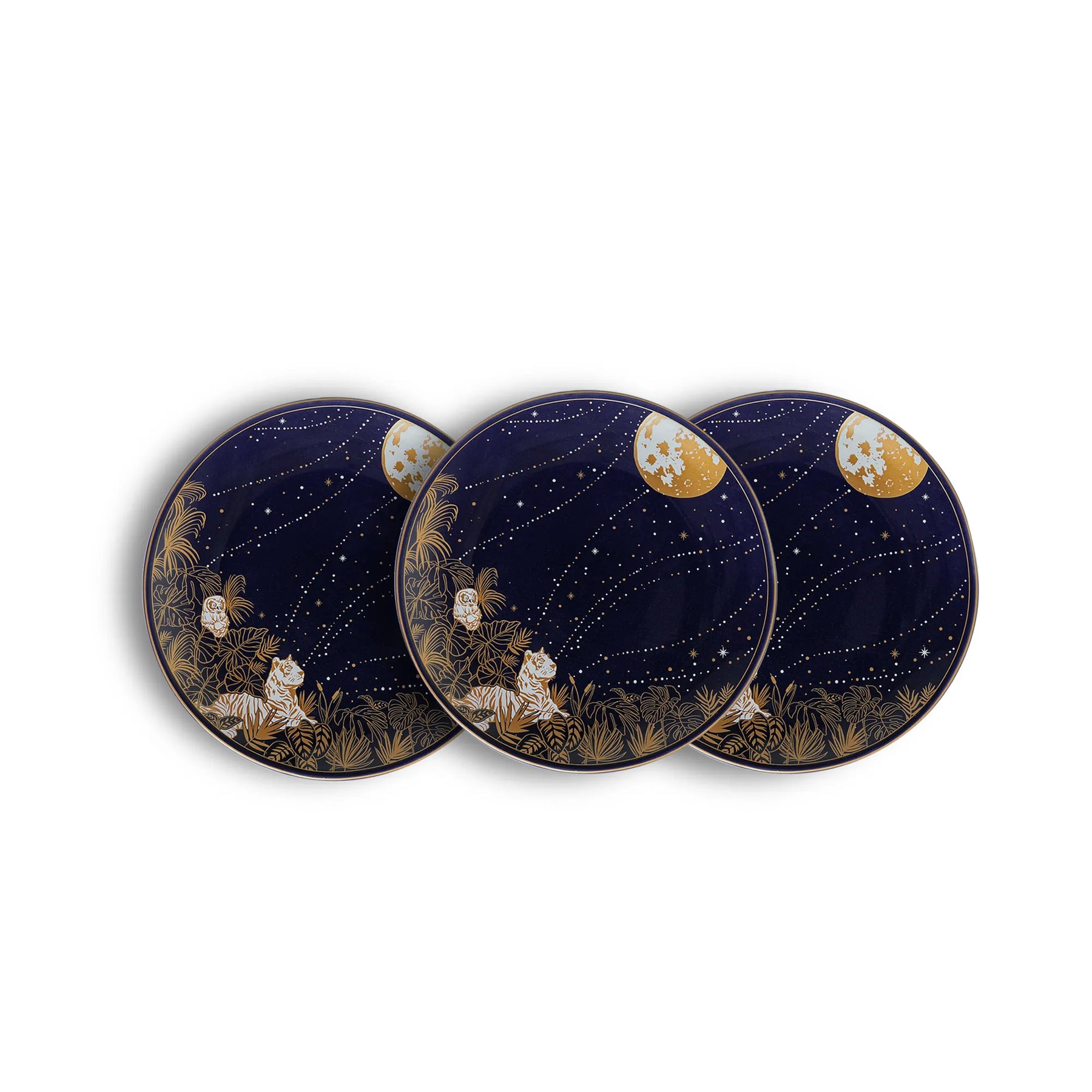 Three circular coasters with celestial design on a white background