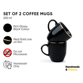 Ceramic Coffee Mug Set, Set of 2, 300ml, Black Gold | Gold line Collection | Glossy Finish