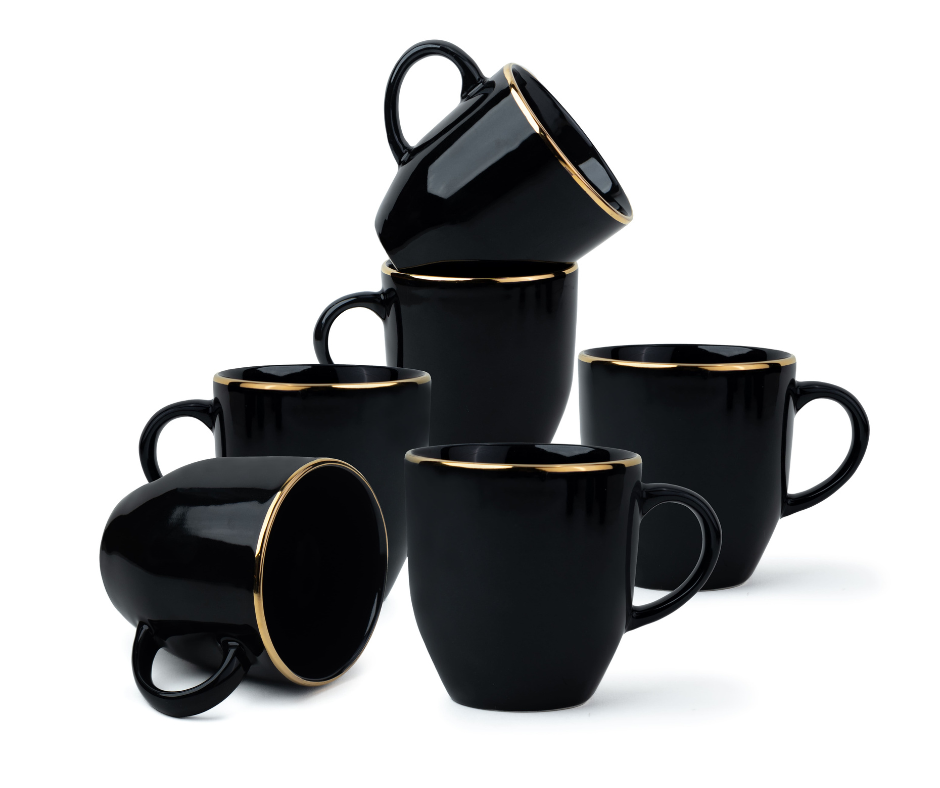 Ceramic Coffee Mug Set, Set of 6, 300ml, Black Gold | Gold Line Collection | Glossy Finish