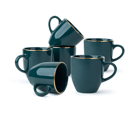 Ceramic Coffee Mug Set, Set of 6, 300ml, Teal Gold | Gold Line Collection| Glossy Finish