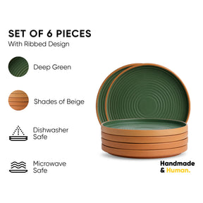 Set of 6 green and beige ribbed plates with product features on a white background