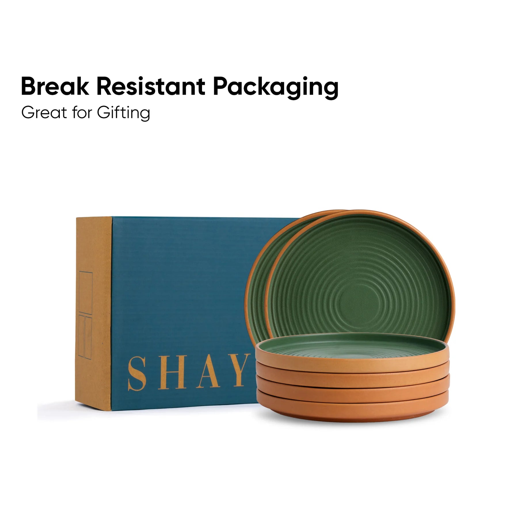 Set of green and brown ceramic bowls with 'SHAY' branded packaging on a white background