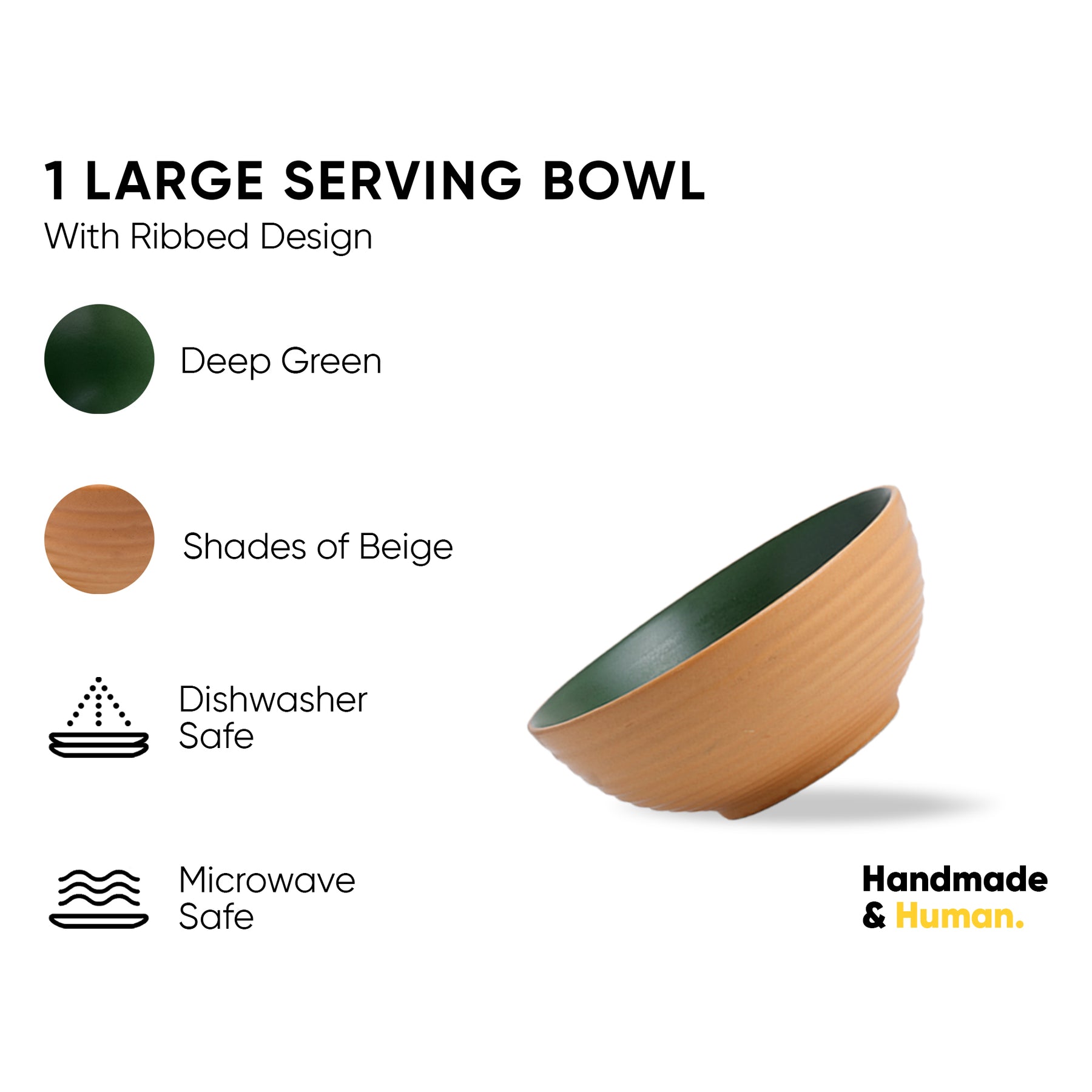 Large Ceramic Serving Bowl – Klay Green, 1500ml | Matte Finish