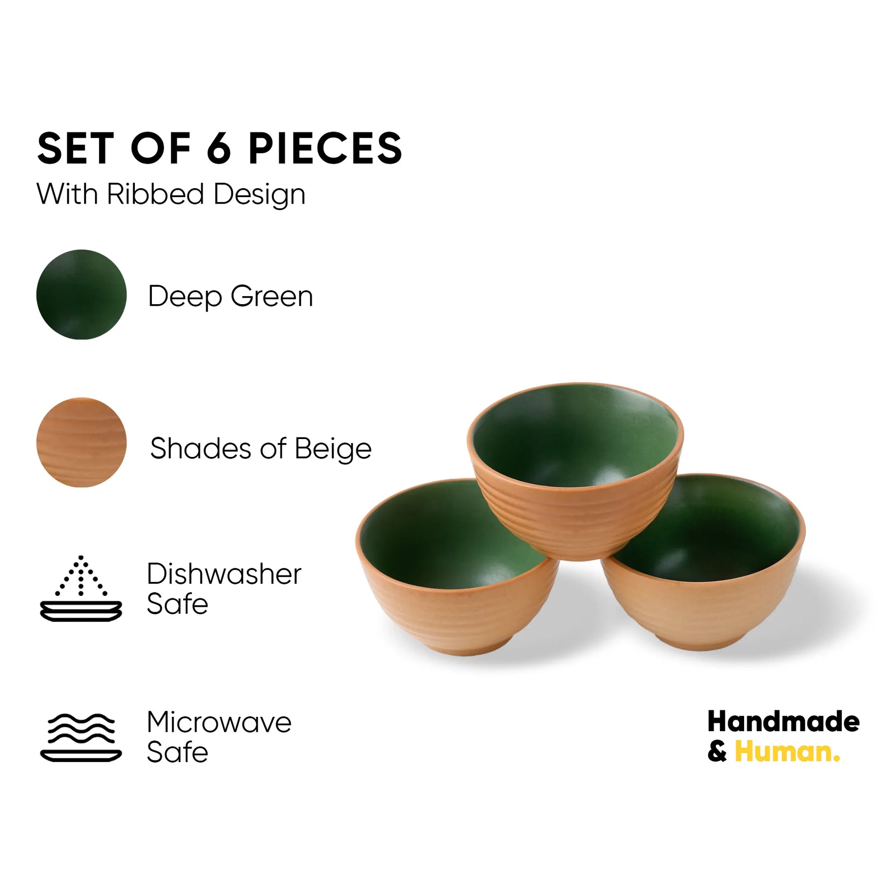 Set of three green and beige bowls with product features listed on a white background.