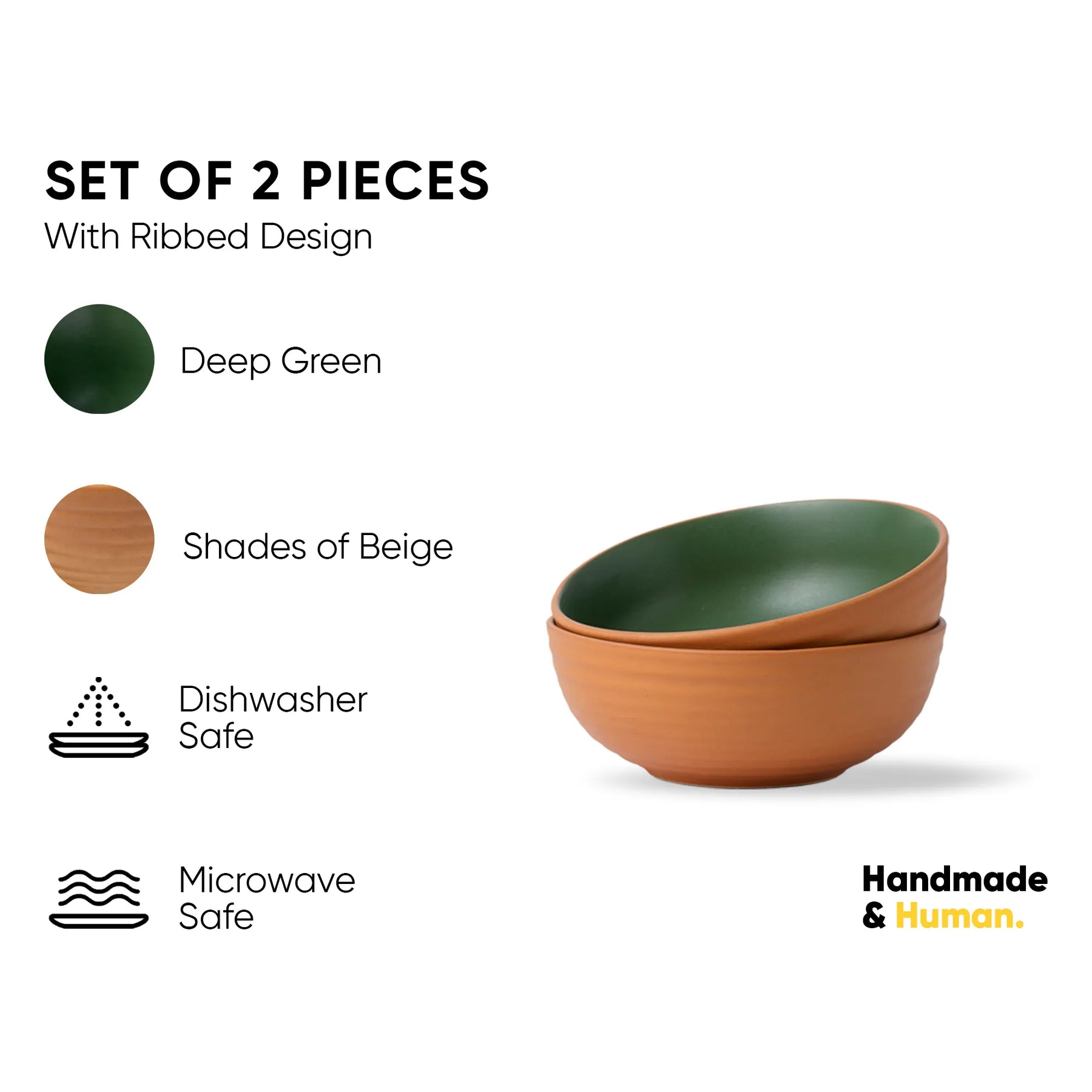 Set of two bowls with ribbed design, one green and one beige, on a white background.