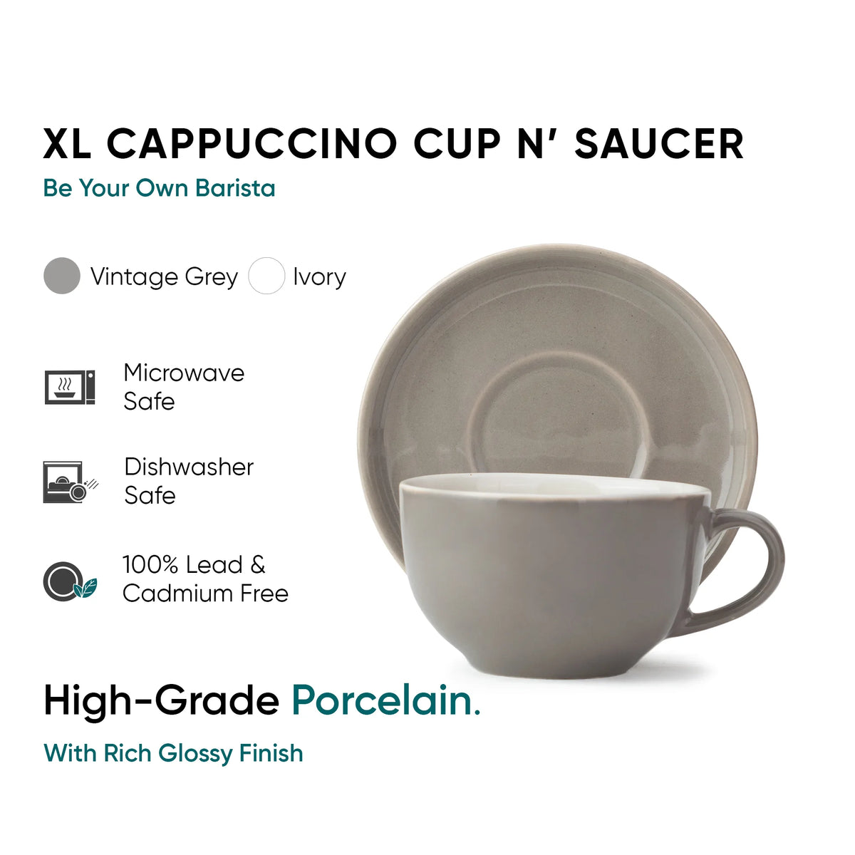 Large Ceramic Grey Coffee Cup Saucer Set | 320ml | XL Cuppa Collection