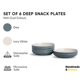 Set of 6 deep snack plates with dual colors, shown with grey and ivory white, and labeled as dishwasher and microwave safe.