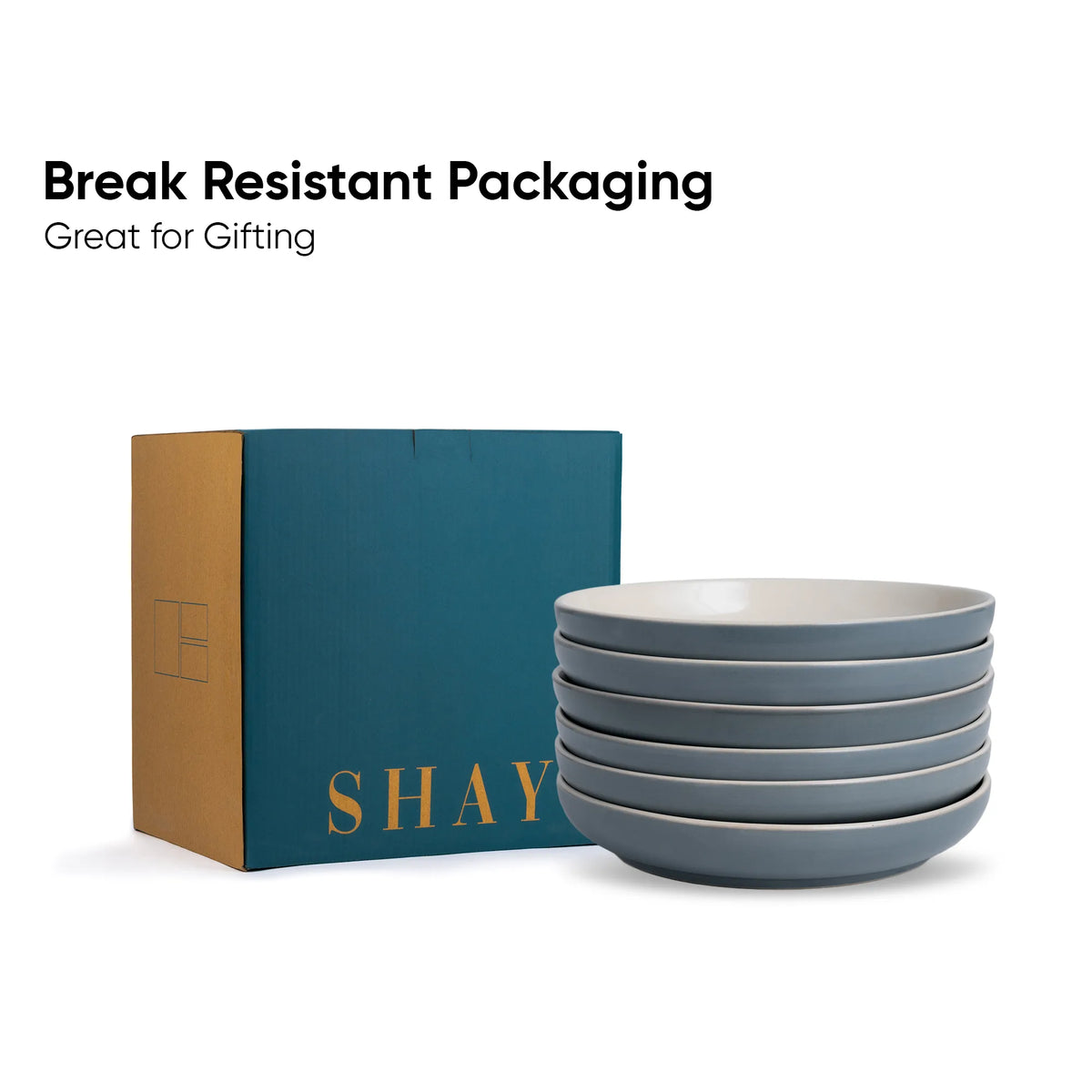 Set of blue bowls with a teal box labeled 'SHAY' on a white background.