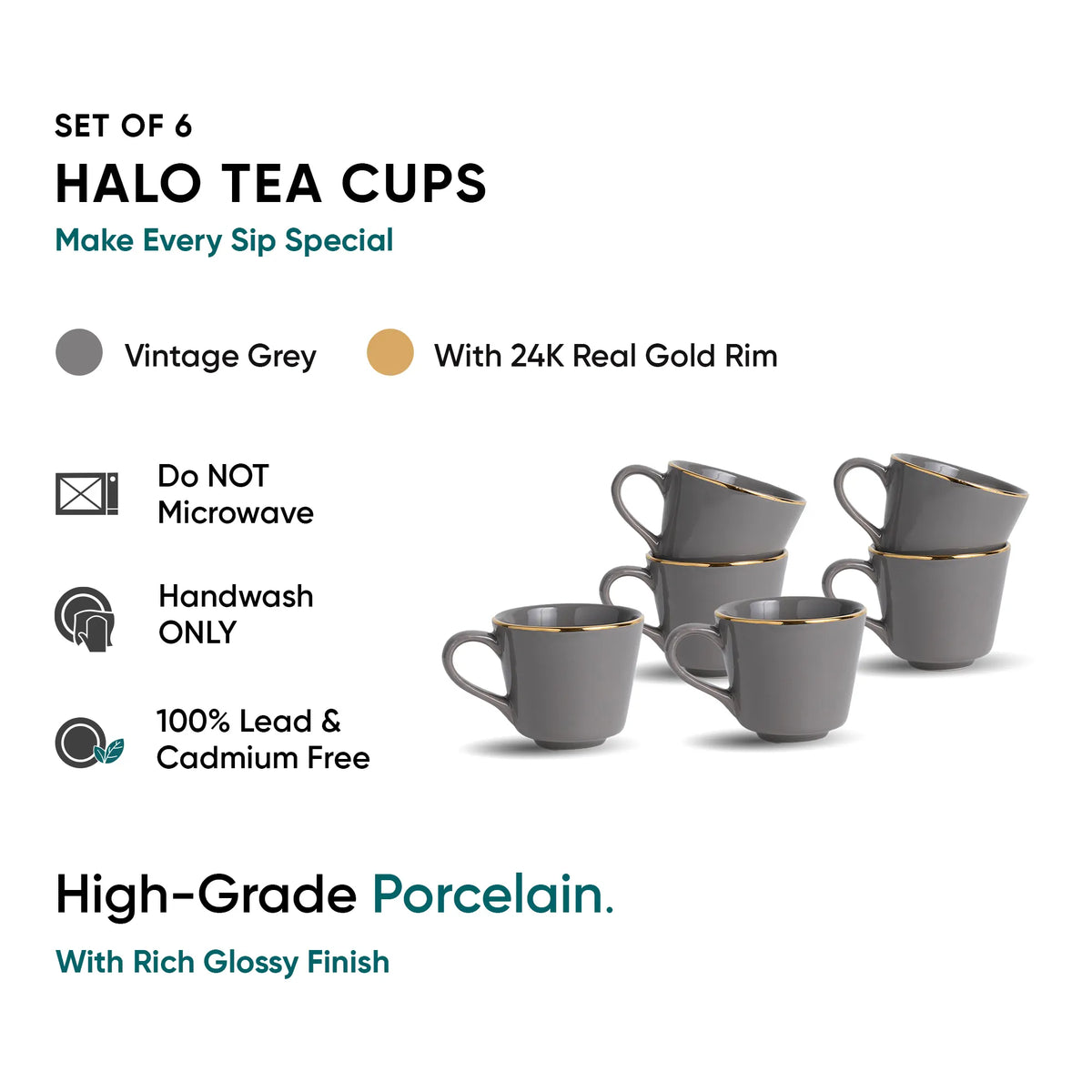 Ceramic Tea Cup Set of 6, Grey with Real Gold Line, 180ml