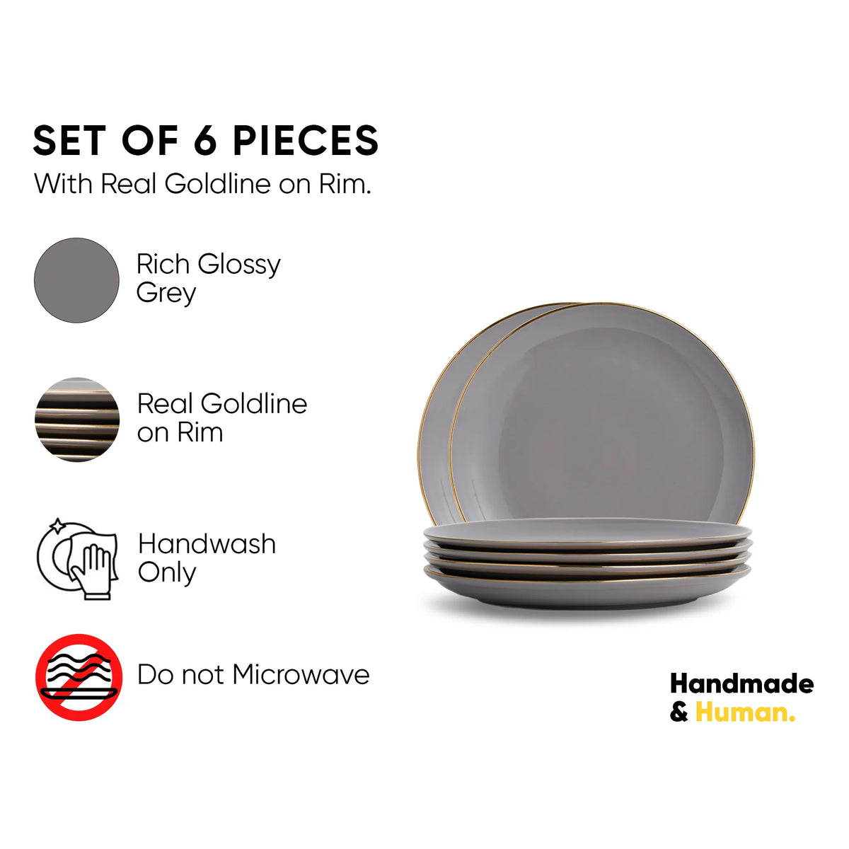 Set of 6 grey plates with gold rim on a white background, featuring product details and care instructions.