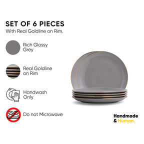 Ceramic Dinner Plates Set – 6 Pieces | Grey Gold | Glossy Finish | Premium Ceramic | Goldline Series | Elegant Plates for Dinner Table