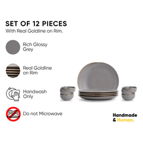 Ceramic Dinner Set – 12 Pieces | Grey Gold | Glossy Finish | Premium Ceramic | Real Gold Detailing | Goldline Series